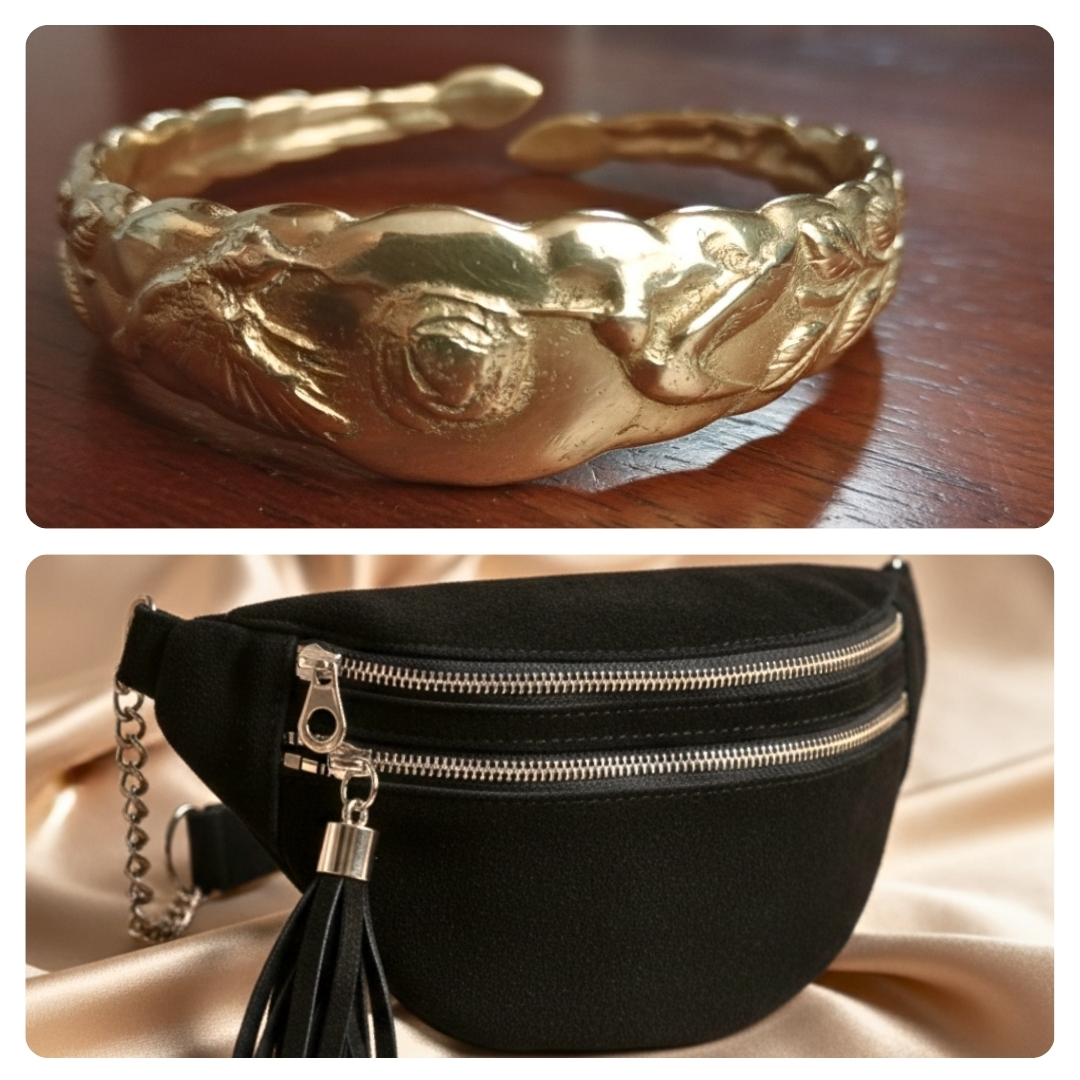 Mujer con riñonera negra de gamuza y brazalete en ambiente urbano/elegante